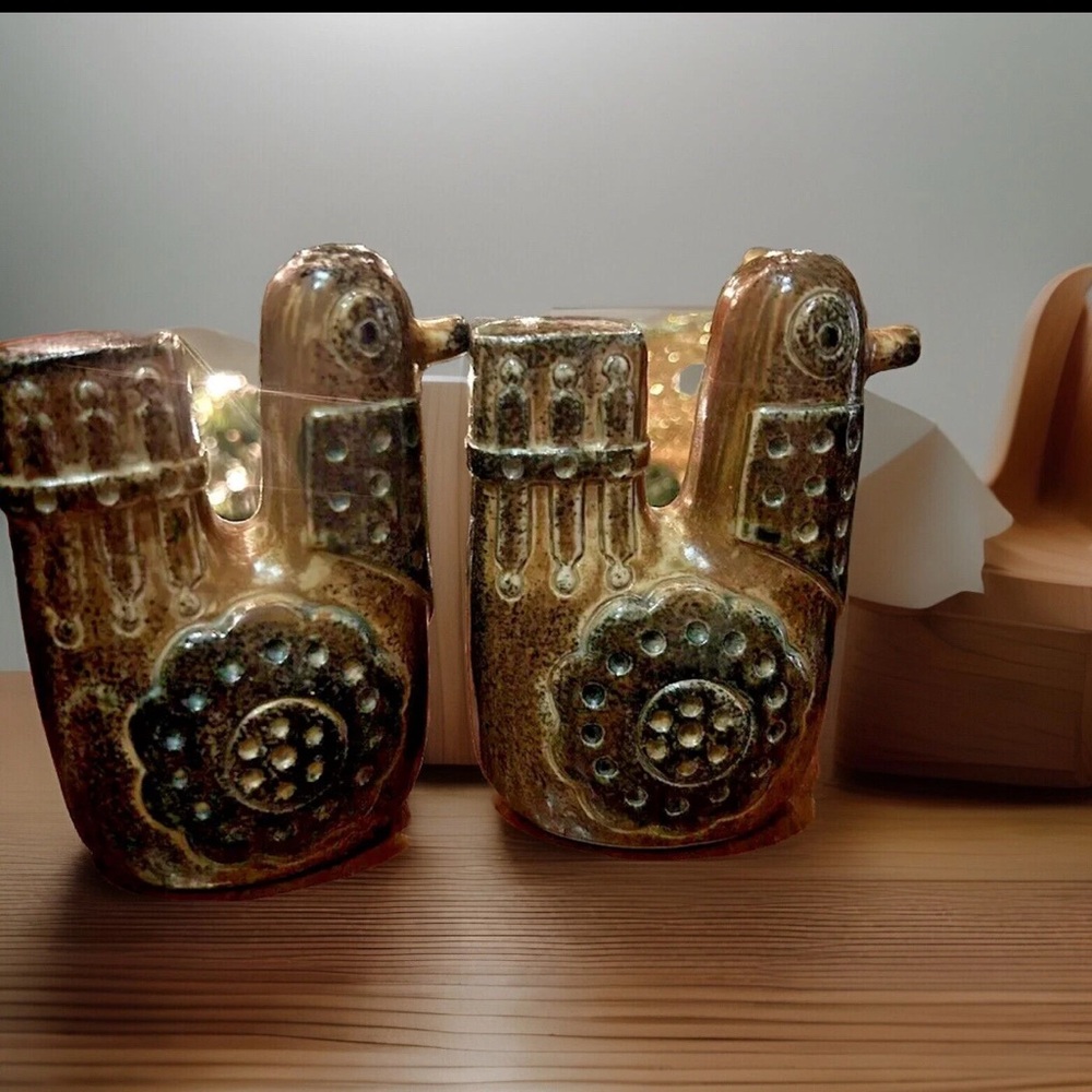 Mid-century modern Holt brown rooster, salt and pepper shaker steam punk